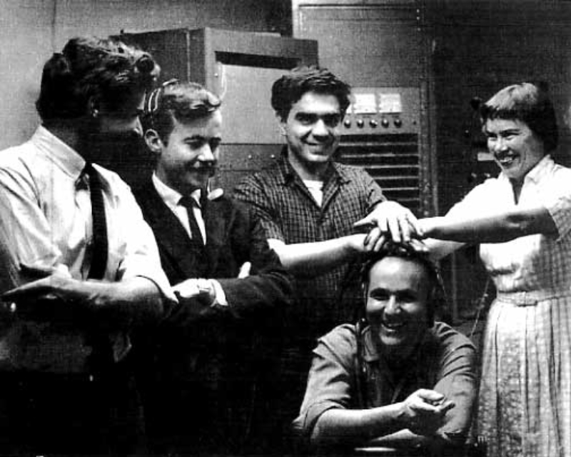 San Francisco Tape Music Center members (left to right): Tony Martin, Bill McGinnis, Ramon Sender, Pauline Oliveros, and Morton Subotnick (seated), 1962